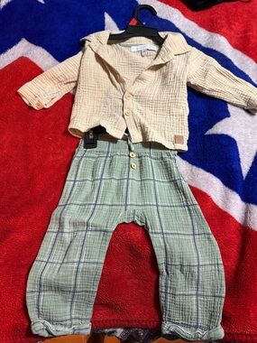 Rachel Zoe Kids Matching Set Cream Top with Green Plaid Pants
